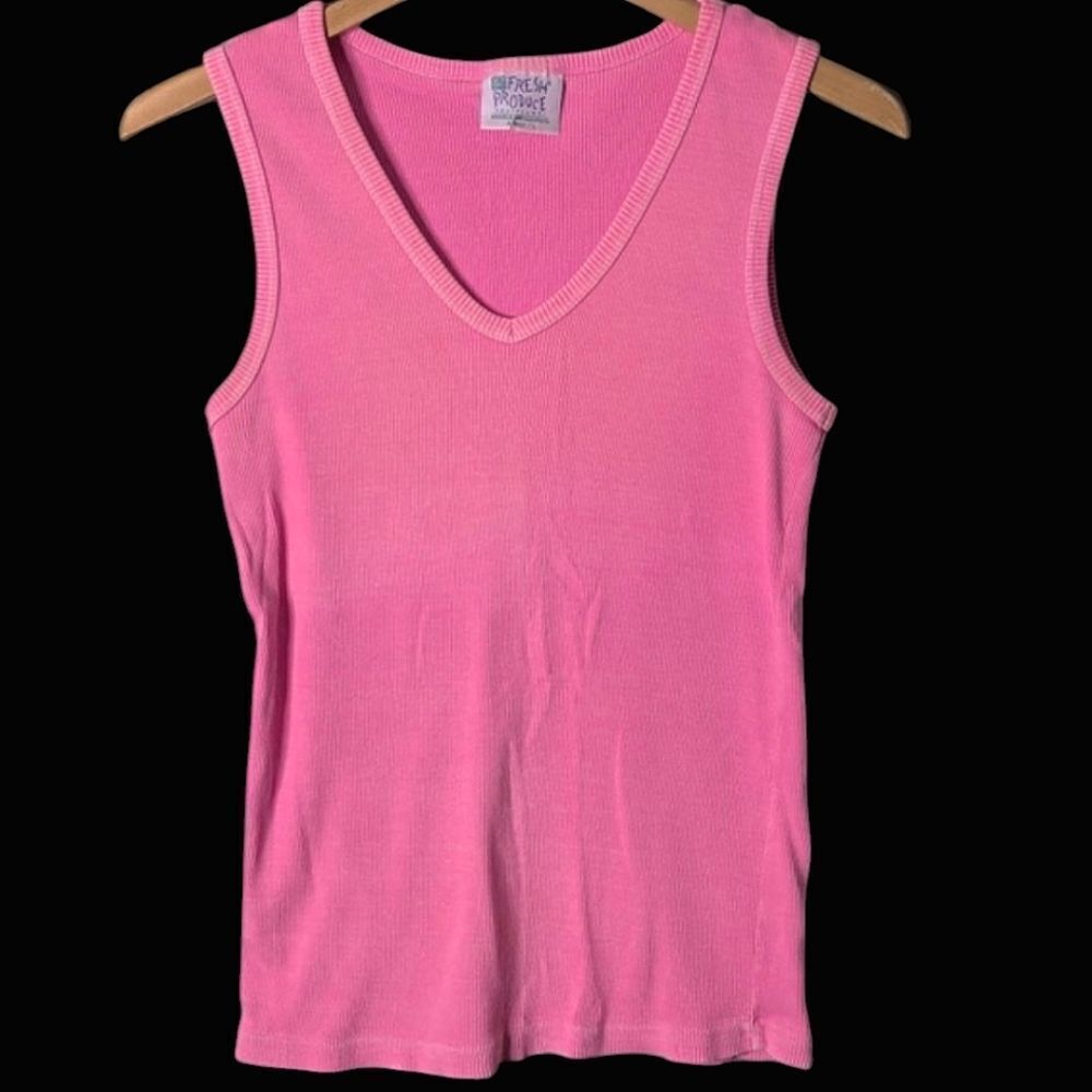 Fresh Produce Vintage Hot Pink V-Neck Ribbed Stetch Cotton Tank Top Size L